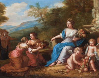 Ceres sittende med putti som presenterer frukt. (olje på lerret) av A. Diennen