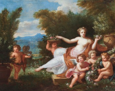 Flora liggende i et landskap med putti som bringer blomster. (olje på lerret) av A. Diennen