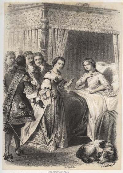 Madame Deshoulieres, Antoinette Ligier de La garde (1637-1694) overveldet av spørsmål fra følget hennes etter en natt tilbrakt med frykten for spøkelsen. Gravering av A. Duruy i "" Illustrasjoner litteraires de la France; eller, Galerie anecdotique de nos  av A. Duruy