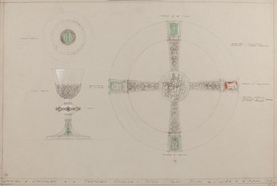 Chapel of Chivalry: foreslått kalk-, paten- og almisseskål (blyant, blekk, pensel, wc og sølvmaling på grått kort) av A. Edward Jones and Co.