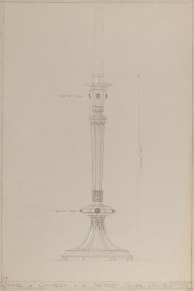 Chapel of Chivalry: foreslått sølvlysestake (blyant, blekk, pensel, wc og sølvmaling på grått kort) av A. Edward Jones and Co.