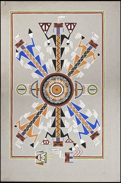Tegninger som viser gravstedet til "Cadunce" en Chippewa-indisk "medisinmann", et navajo-sandmaleri og kråkesteinmalerier av A. Grossman