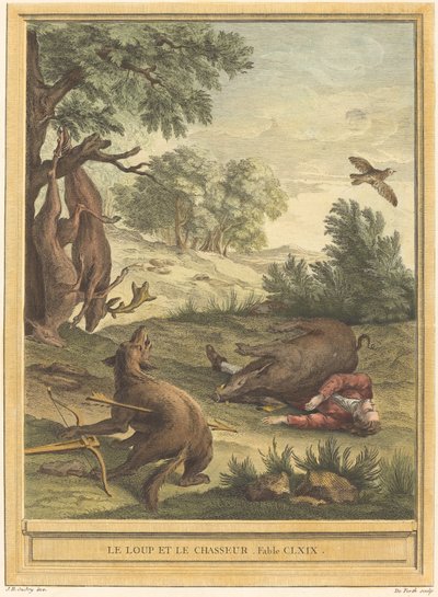 Ulven og jegeren av A. J. de Fehrt after Jean Baptiste Oudry