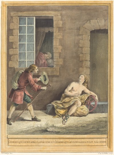 Mannen som frier til formue og mannen som sover i sengen av A. J. de Fehrt after Jean Baptiste Oudry