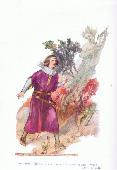 Ferdinand fulgte forbauset lyden av Ariels stemme (The Tempest), fra Tales from Shakespeare pub. av Ward Lock & Co Ltd av A. Jackson