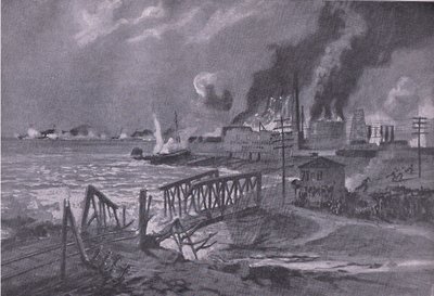 Ødeleggelse av et verft i Bari (Italia) av østerriksk-ungarske torpedo-destroyere, fra puben The Illustrated History of the World War 1914-1915. av Union Berlagsefellfchaft av A. Kircher