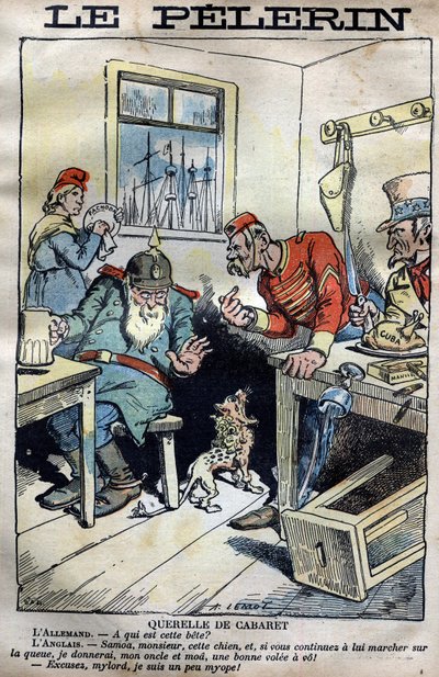 Cabaret Querelle: Cartoon about the colonial wars between England, Germany, France and the United States around the situation in Fachoda in Africa. Engraving by Lemot in “” le Pelerin”” of 23 April 1899 (The Fachoda crisis: serious diplomatic incident betw av A Lemot