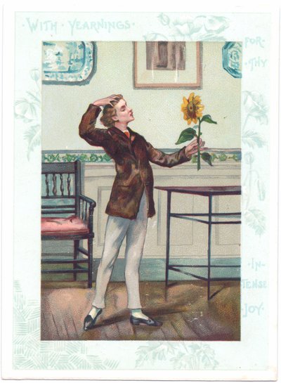 Blomsterbetrakteren viktoriansk gratulasjonskort av en estetiker som elsker en solsikke i ektasy, ca. 1881 (farge litho) av A. Ludovici