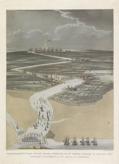 Britisk ekspedisjon til Antwerpen, 1809 Pittoresk plan av den store ekspedisjonen, på den vestlige Schelde, i august 1809. som viser vanskeligheten med å nærme seg Antwerpen (tittel på objekt) av A. Lutz