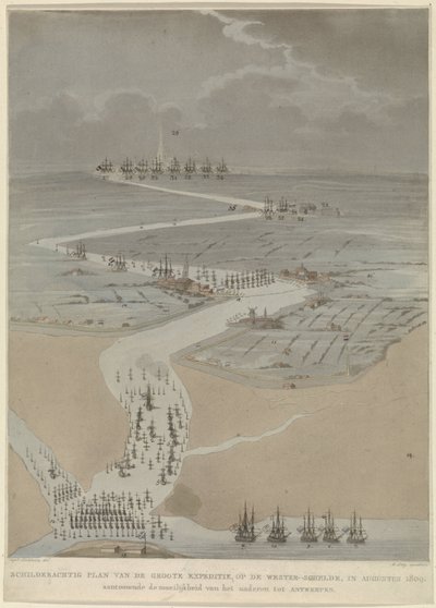 Fugleperspektiv av den vestlige Schelde med engelske, nederlandske og franske flåter, 1809 Pittoresk plan av den store ekspedisjonen, på den vestlige Schelde i august 1809 (tittel på objekt) av A. Lutz