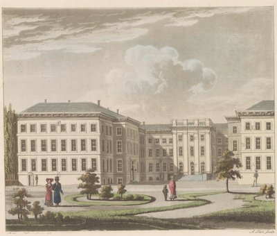 Noordeinde-palasset i Haag, 1810-1825 Le Palais royal à La Haye, vu du jardin / Det kongelige palass i Haag, sett fra hagesiden (tittel på objekt) av A. Lutz