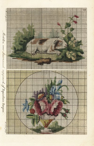 Mønstre for tyrkisk billedvev: marsvin i en hage og blomsterbukett i en vase av A. Lutz