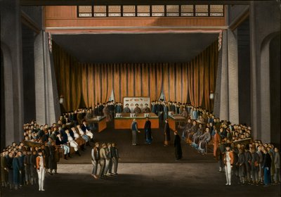 Kinesisk domstol i hallen til den britiske fabrikken i Canton, 9. april 1807, ca. 1810 (olje på papir) av A. Roland Knight