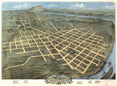 Fugleperspektiv av byen Chattanooga, Hamilton County, Tennessee 1871. av A. Ruger