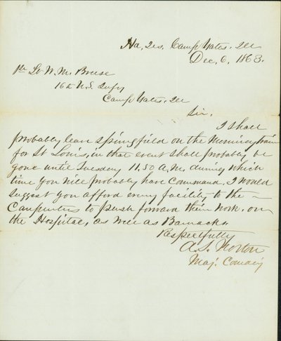 Brev signert A.S. Norton, kommandørmajor, hovedkvarter, Camp Yates, Ill., Til 1. løytnant W.M. Breese, 16. amerikanske infanteri, Camp Gates, Ill., 6. desember 1863 av A. S. Norton