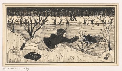 Jenta prøver å redde hunden fra kjølvannet av A. Tinbergen (signed by artist)