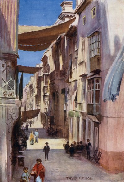 En gate i Murcia (farge litho) av A. Trevor Haddon