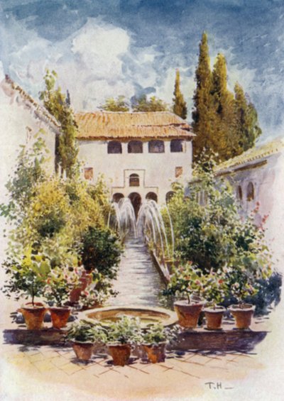 Generalife, Acequia Court (farge litho) av A. Trevor Haddon
