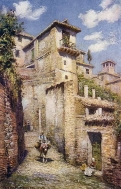 Granada, en gate i Albaicin (farge litho) av A. Trevor Haddon