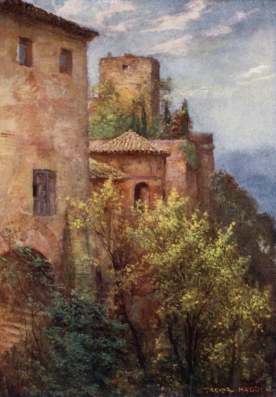 Granada, utsiden av Alhambra (farge litho) av A. Trevor Haddon