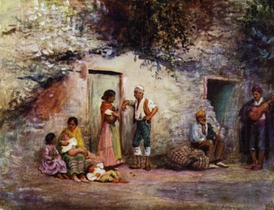 Granada, sigøynere ved dørene til hulene deres (farge litho) av A. Trevor Haddon