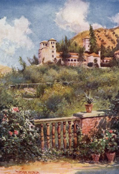 Granada, utsikt over Generalife (farge litho) av A. Trevor Haddon