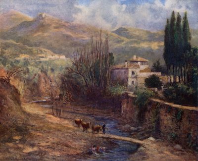 Granada, Villa på Darro (farge litho) av A. Trevor Haddon