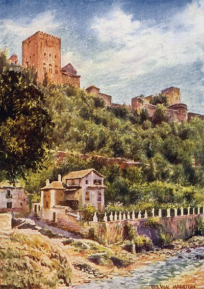 Granada, villaer ved bredden av elven Darro (farge litho) av A. Trevor Haddon