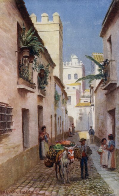 Sevilla, A Street (farge litho) av A. Trevor Haddon