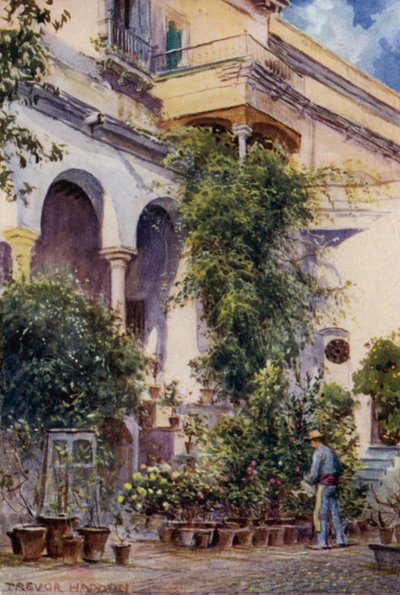 Sevilla, Gardens of the Alcazar (farge litho) av A. Trevor Haddon