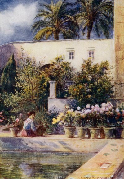 Sevilla, Gardens of the Alcazar (farge litho) av A. Trevor Haddon