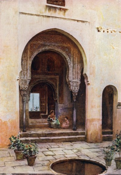 Alhambra, Court of the Mexuar, West Facade (farge litho) av A. Trevor Haddon