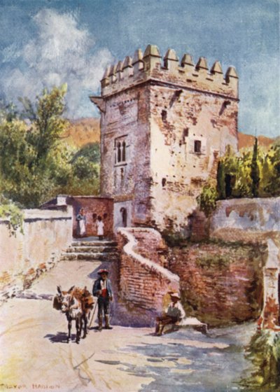 Alhambra, Tower of the Peaks (farge litho) av A. Trevor Haddon