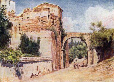 Alhambra, tårnet og akvedukten (farge litho) av A. Trevor Haddon