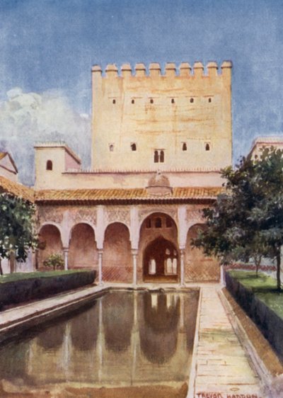Alhambra, Tower of Comares (farge litho) av A. Trevor Haddon
