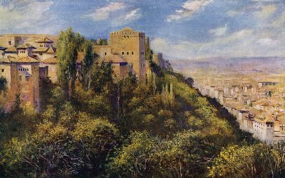 Utsikt over Granada og Alhambra (farge litho) av A. Trevor Haddon