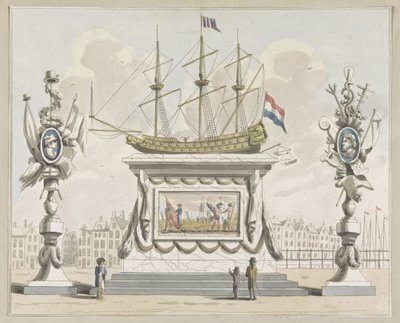 Handel og frakt, dekorasjon på Nieuwmarkt, 1795 Ti plater med dekorasjonene på Alliantiefeest i Amsterdam i 1795 (serietittel) av A. Verkerk