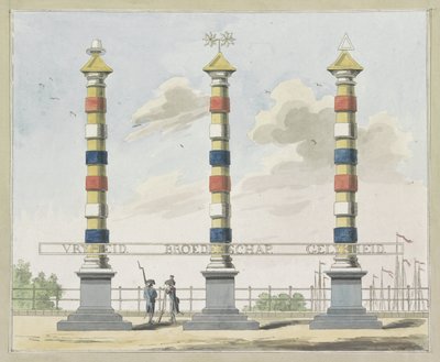 Frihet, brorskap og likhet, dekorasjon på Hogesluis, 1795 Ti plater med dekorasjonene på Alliantiefeest i Amsterdam i 1795 av A. Verkerk