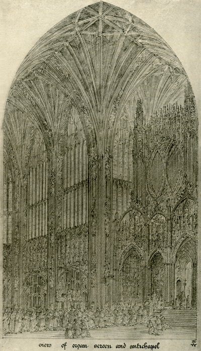 Arkitektonisk tegning: utsikt over orgelskjerm og antikapell, 1833-1834, 1906. av A. W. N. Pugin