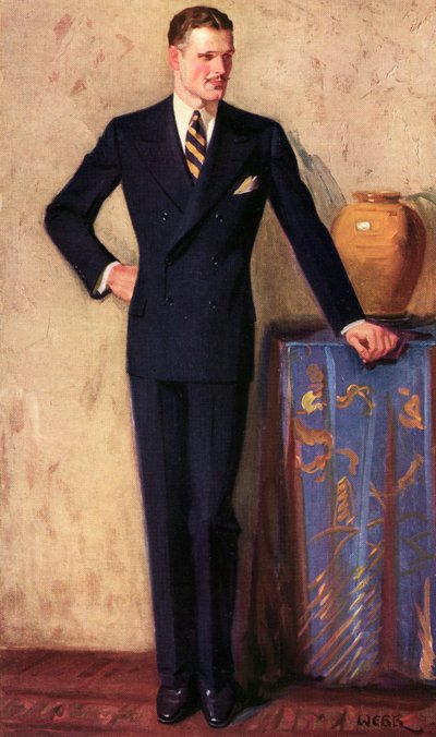 Illustrasjon av mann med dobbeltspent dress, ca. 1925 (trykk) av A. Webb