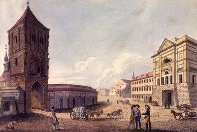 Powder Tower and Hybern Customs House, Praha, ca. 1810 (farget etsning) av A. and Berka, Johann Gustav