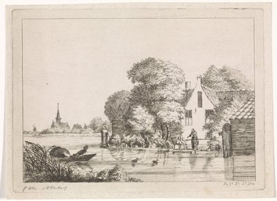 Angler og en kvinne foran et hus av A. van de Velde