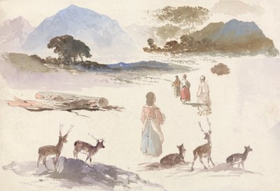 Ark med studier av hjort, figurer og landskap av Aaron Edwin Penley