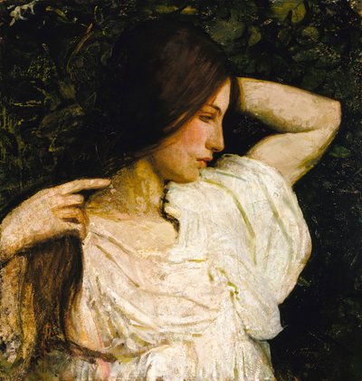 Jente som arrangerer håret sitt av Abbott Handerson Thayer