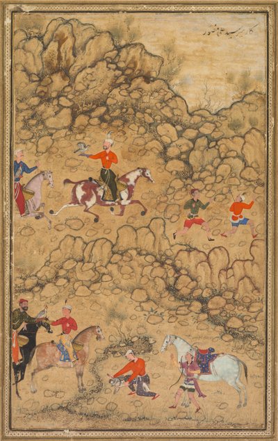 Jakt med falker i et landskap, Verso: Kalligrafi av Chaghatai tyrkiske dikt..., ca. 1558-60. av Abd al Samad