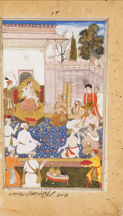 Bhishma gir råd til Yudhishthira om naturen til de fire varnaene, eller kastene, 1598 av Abdul Rahim Khan I Khana