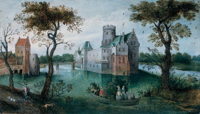 Et slott med vollgrav med elegante figurer i en båt og en jeger og hundene hans på en sti i forgrunnen (olje på panel) av Abel Grimmer or Grimer