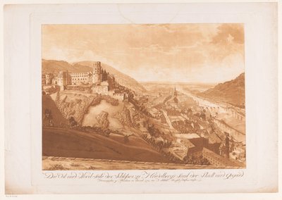 Visning op de noordoostzijde van Heidelberg med lenker Heidelberg slott Øst- og nordsiden av Heidelberg slott, inkludert byen og området (tittel på objekt) av Abel Schlicht