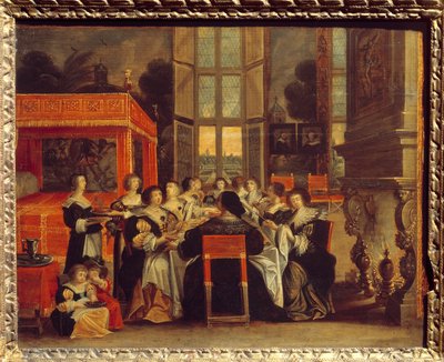 Samtale med damer i fravær av ektemenn: Middagsmaleri av Abraham Bosse (1602-1676) Egouen fra 1600-tallet. Nasjonalt renessansemuseum av Abraham (after) Bosse