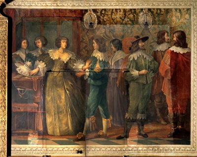 Scene av livet til Charles de Valois (1573-1650), hertugen av Angouleme - Festscene gitt i anledning ekteskapet til Charles de Valois med sin andre kone i 1644 - En kvinne, oppsøkt av en hoffmann, pågriper for å sette henne krage - Fresco av Abrah av Abraham (after) Bosse